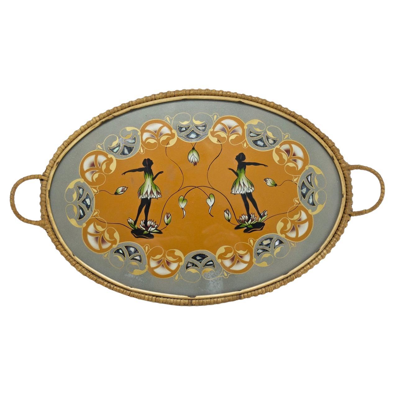 Oval Art Nouveau Tray with Mother of Pearl, Inlays For Sale