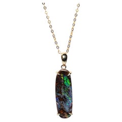 Oval Australian Boulder Opal Pendant Necklace 14K Yellow Gold