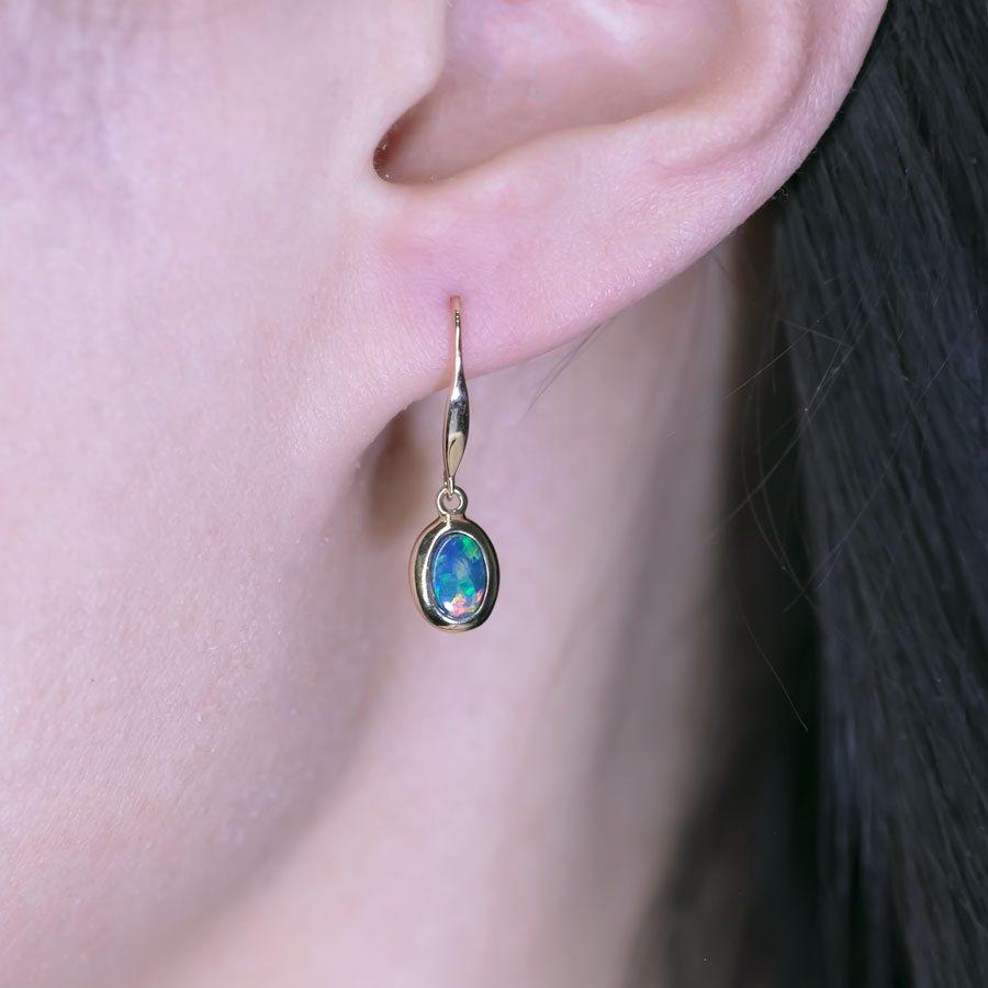 Arts and Crafts Oval Australian Doublet Opal Drop Earrings 14k Yellow Gold