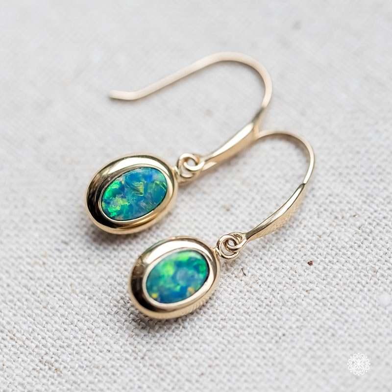 Oval Cut Oval Australian Doublet Opal Drop Earrings 14k Yellow Gold