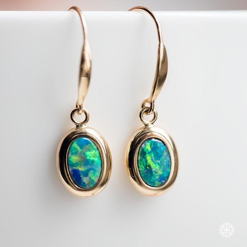 Women's or Men's Oval Australian Doublet Opal Drop Earrings 14k Yellow Gold