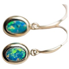 Oval Australian Doublet Opal Drop Earrings 14k Yellow Gold