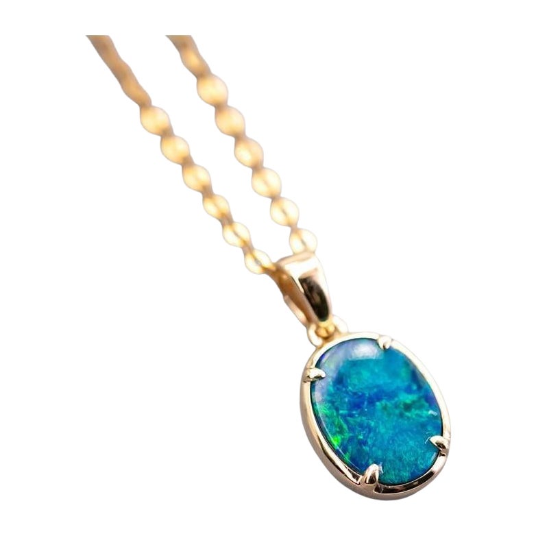 Oval Australian Doublet Opal Pendant Necklace 14k Yellow Gold