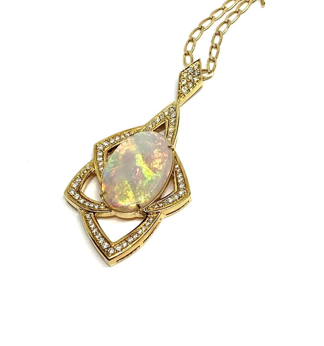 Retro 9.89 ct. Australian Opal and Diamond Geometric Pendant with Chain For Sale