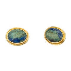 Oval Azurite Malachite Yellow Gold Clip Post Earrings