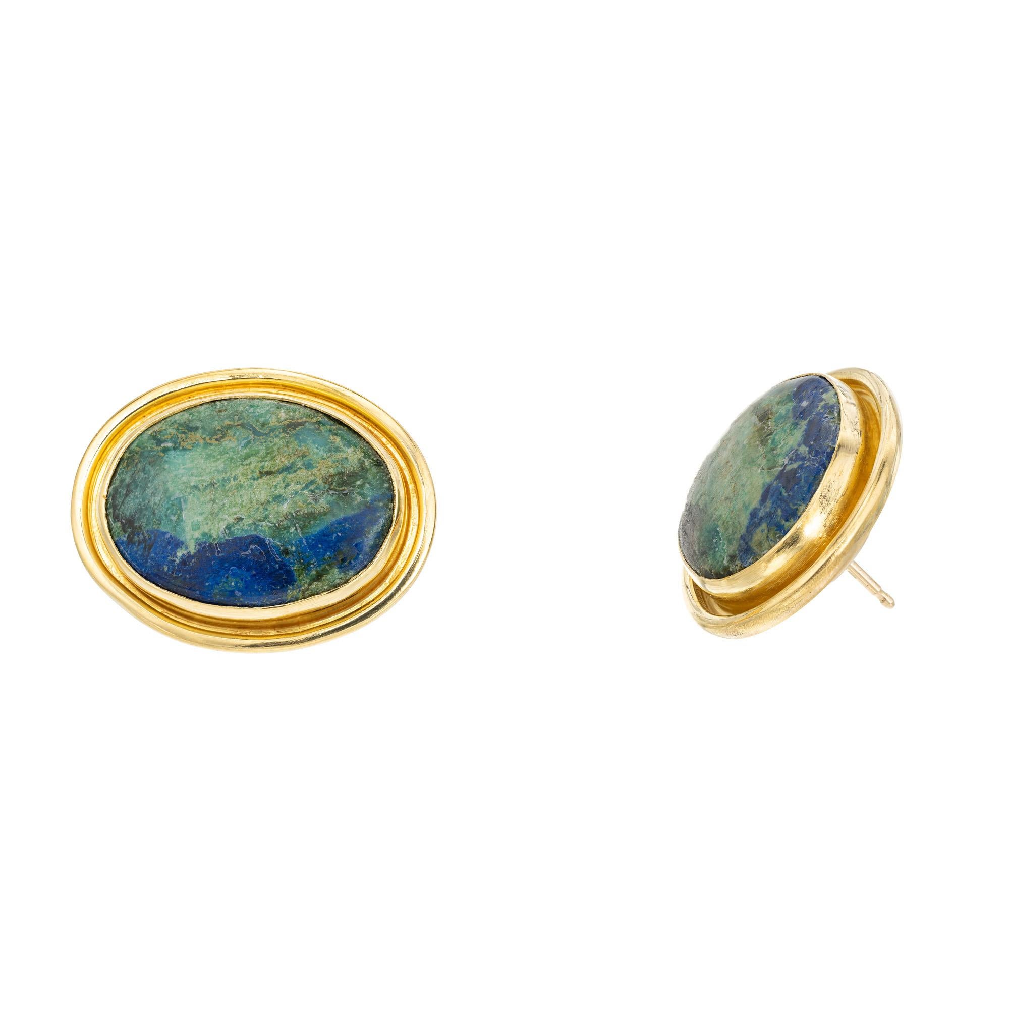 Oval Cut Oval Azurite Malachite Yellow Gold Clip Post Earrings For Sale