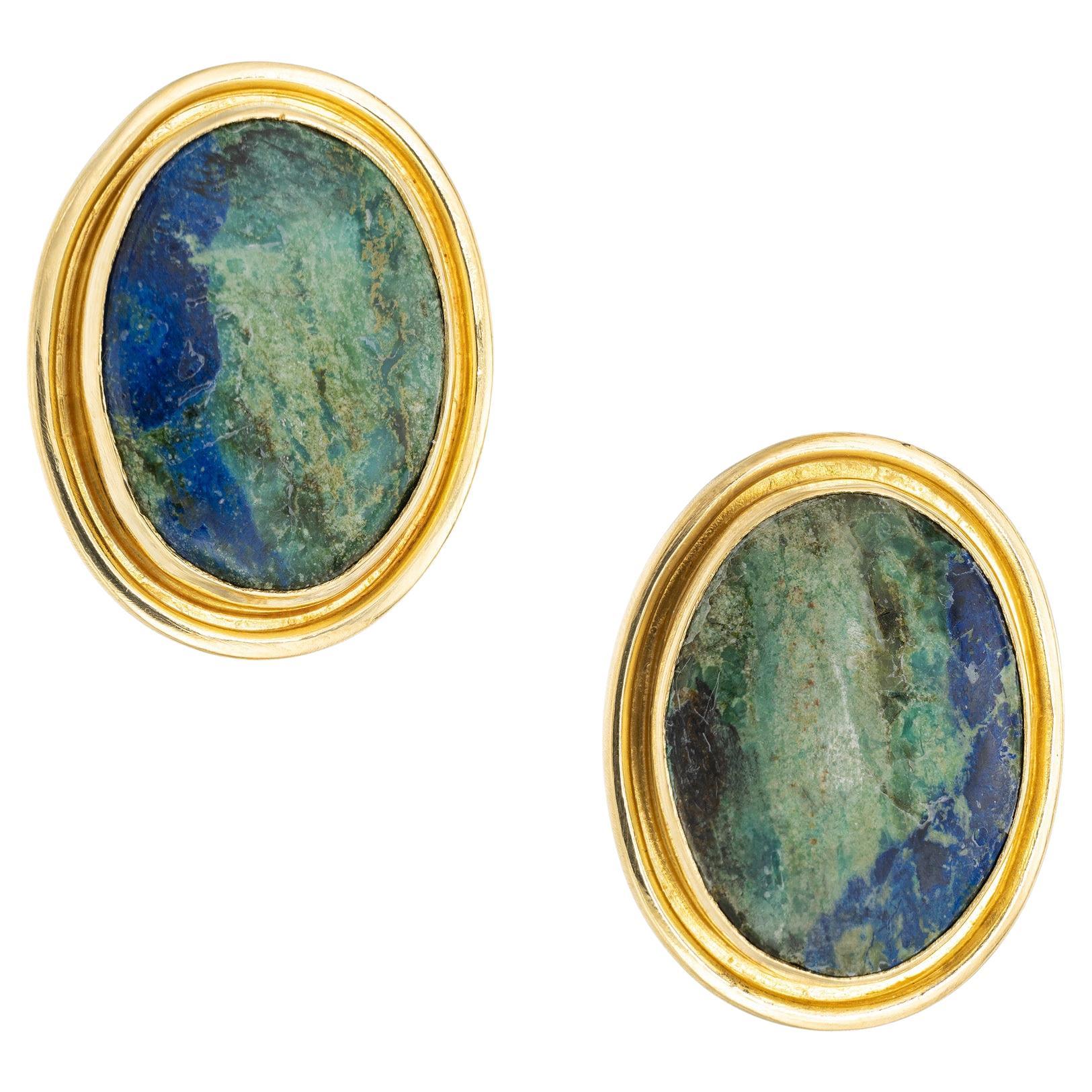 Oval Azurite Malachite Yellow Gold Clip Post Earrings For Sale