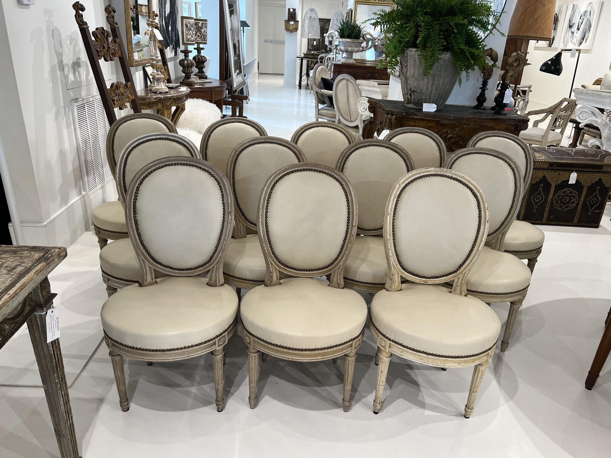 French Provincial Oval Back Chairs with Leather, Set of 12  For Sale