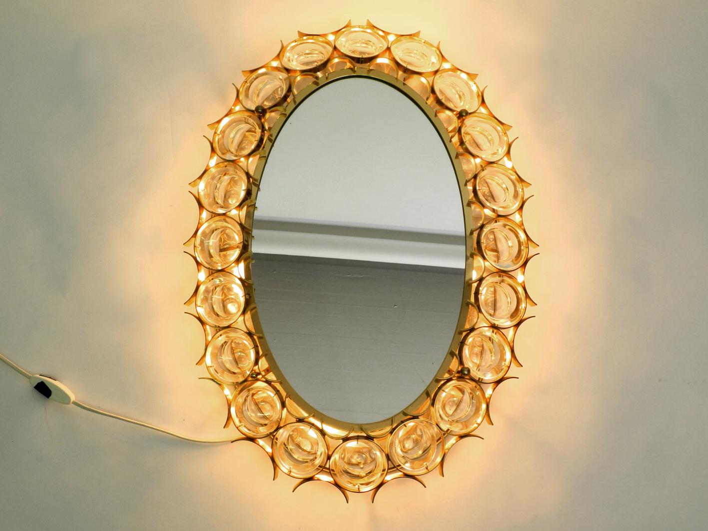 Oval Backlit 1960s Large Palwa Wall Mirror Heavy Brass Frame and Crystal Stones 5