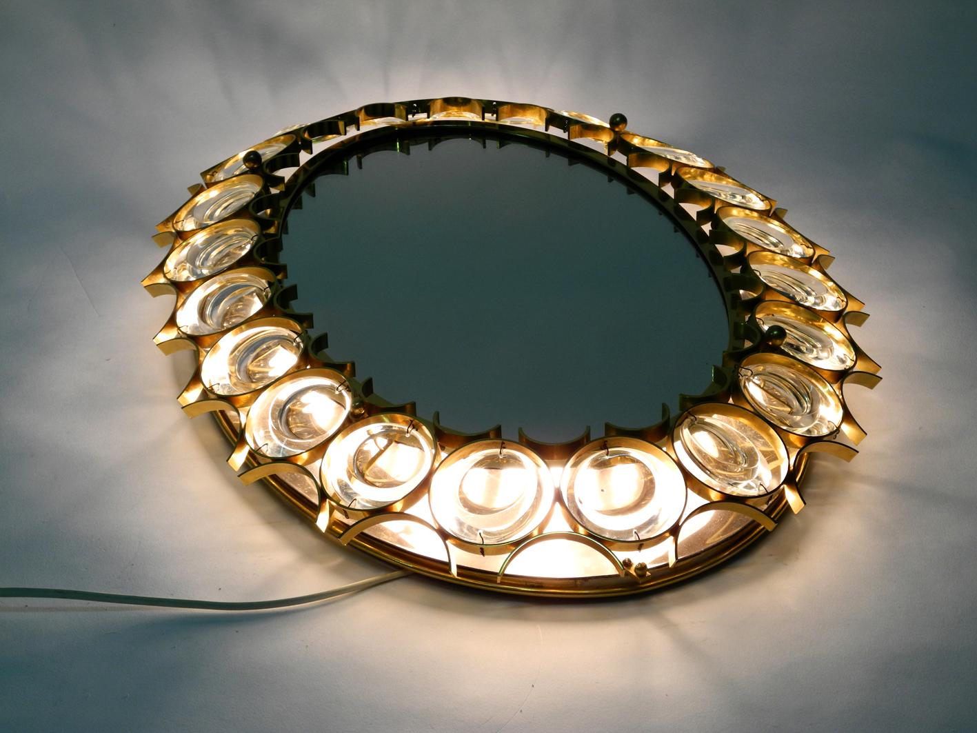 Mid-Century Modern Oval Backlit 1960s Large Palwa Wall Mirror Heavy Brass Frame and Crystal Stones