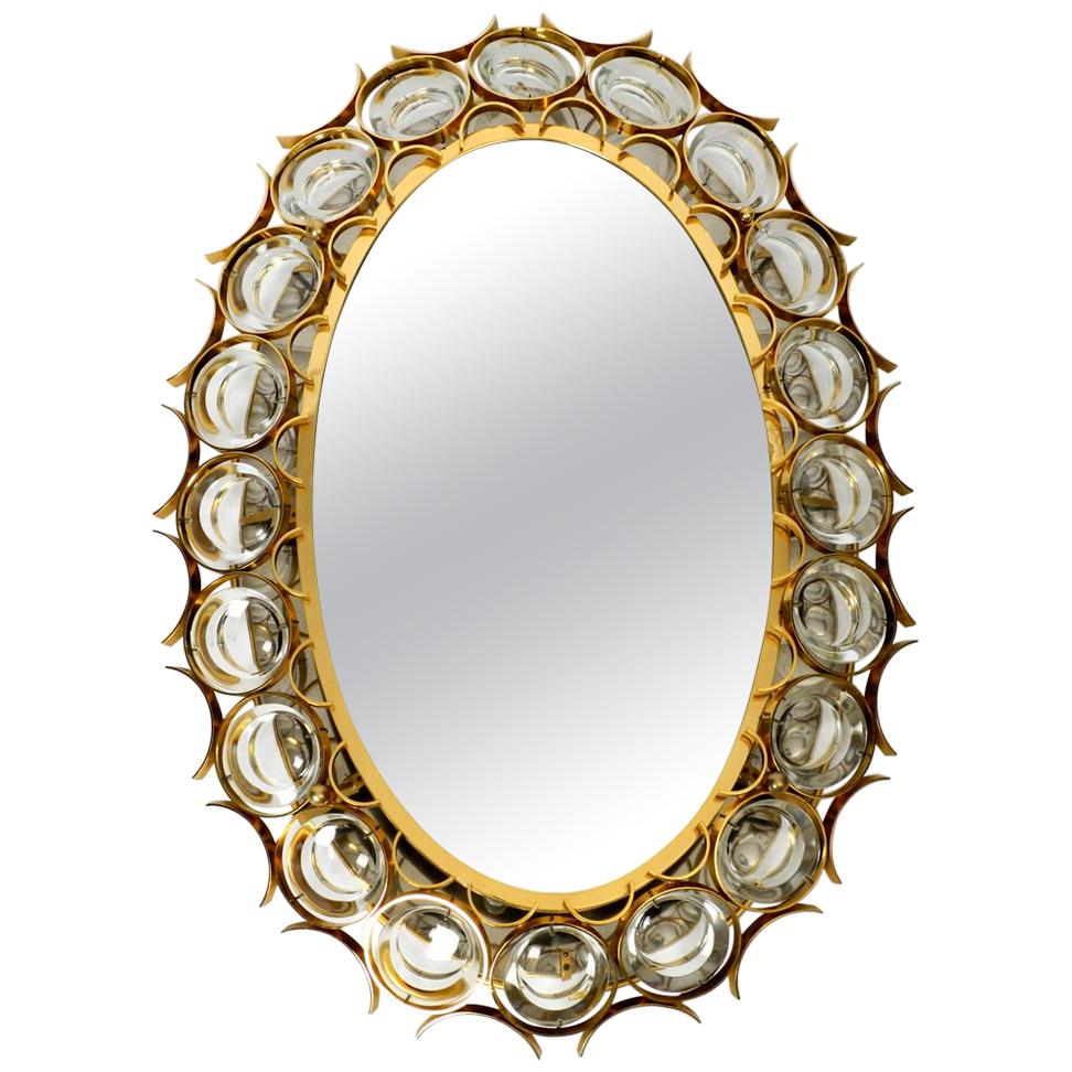 Oval Backlit 1960s Large Palwa Wall Mirror Heavy Brass Frame and Crystal Stones