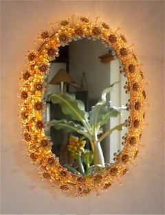 Oval Backlit Mirror with Crystal Flowers by Palwa, circa 1960s