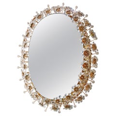 Oval Backlit Mirror with Crystal Flowers by Palwa, circa 1960s