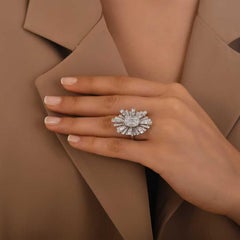 Oval Baguette Diamond Art Deco Inspired Flower Engagement Ring, 2.15Ctw.
