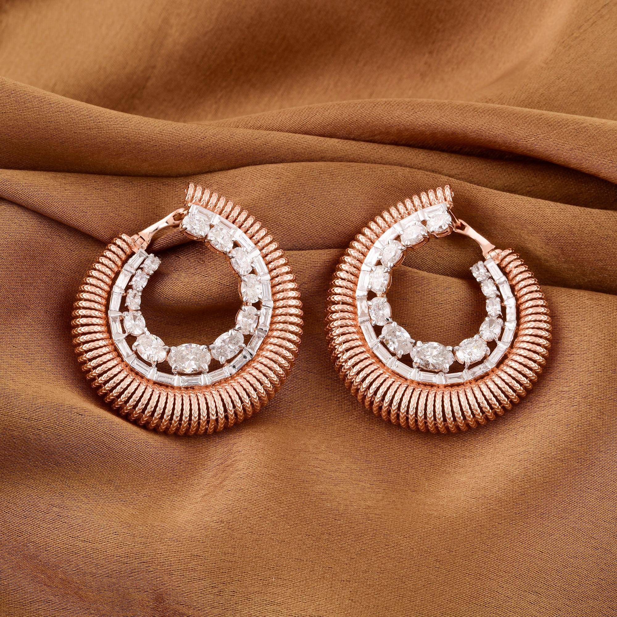 Modern Oval & Baguette Diamond Hoop Earrings 14 Karat Rose Gold Handmade Fine Jewelry For Sale