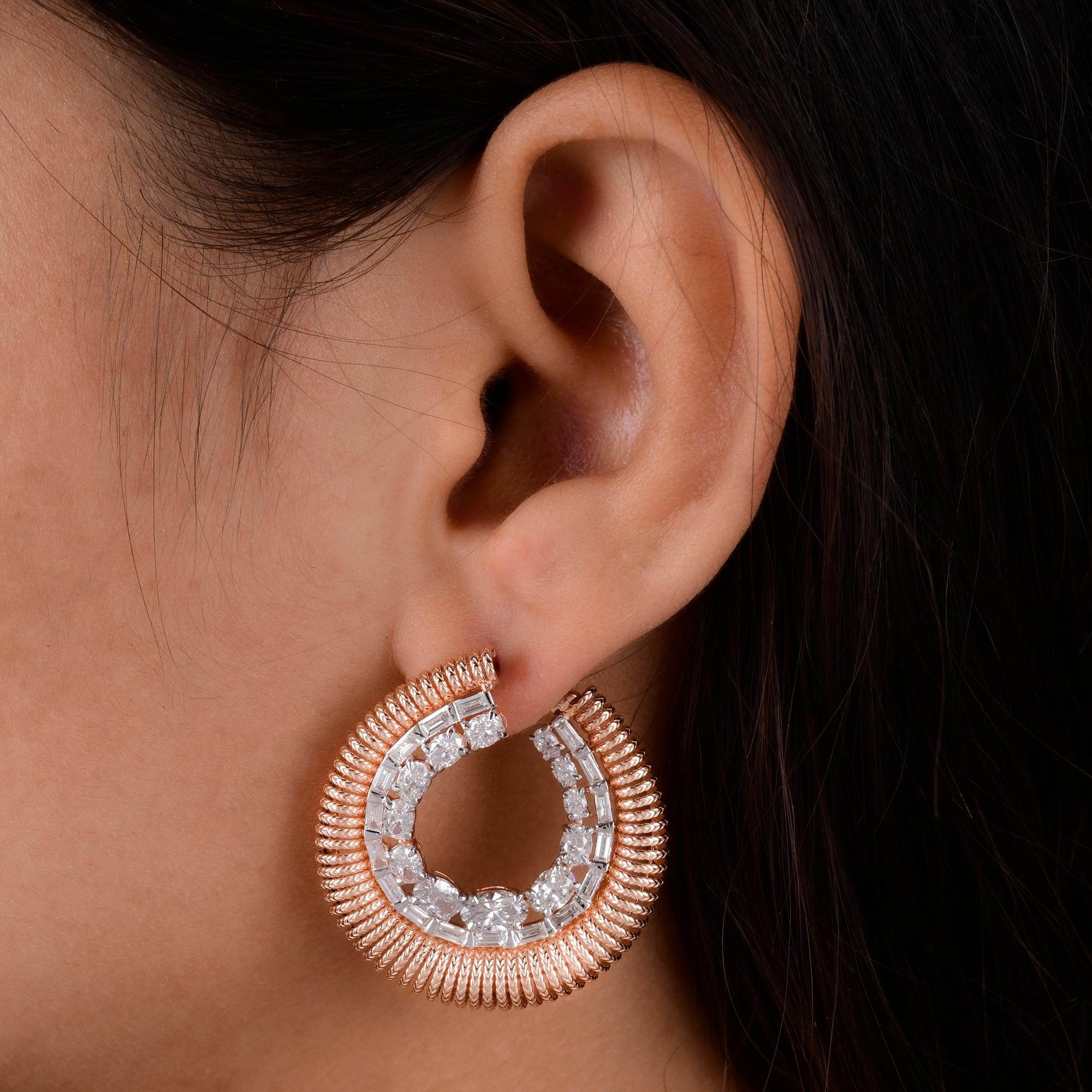 Oval Cut Oval & Baguette Diamond Hoop Earrings 14 Karat Rose Gold Handmade Fine Jewelry For Sale