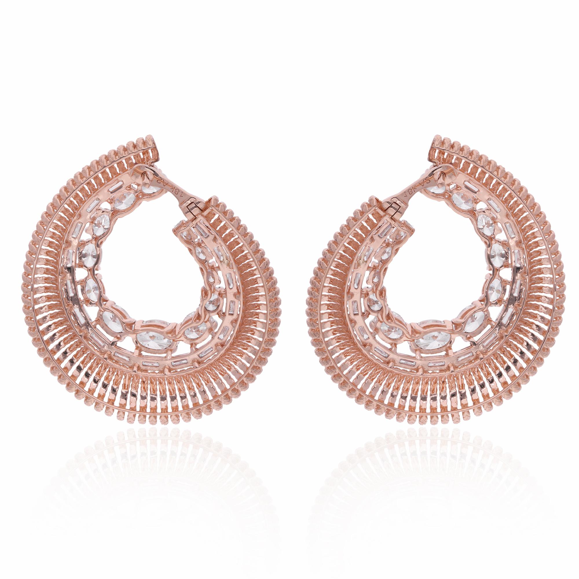 Women's Oval & Baguette Diamond Hoop Earrings 14 Karat Rose Gold Handmade Fine Jewelry For Sale