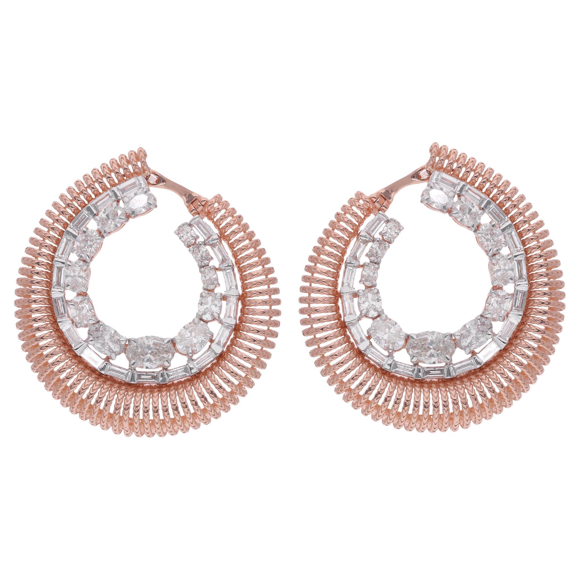 Oval & Baguette Diamond Hoop Earrings 14 Karat Rose Gold Handmade Fine Jewelry For Sale