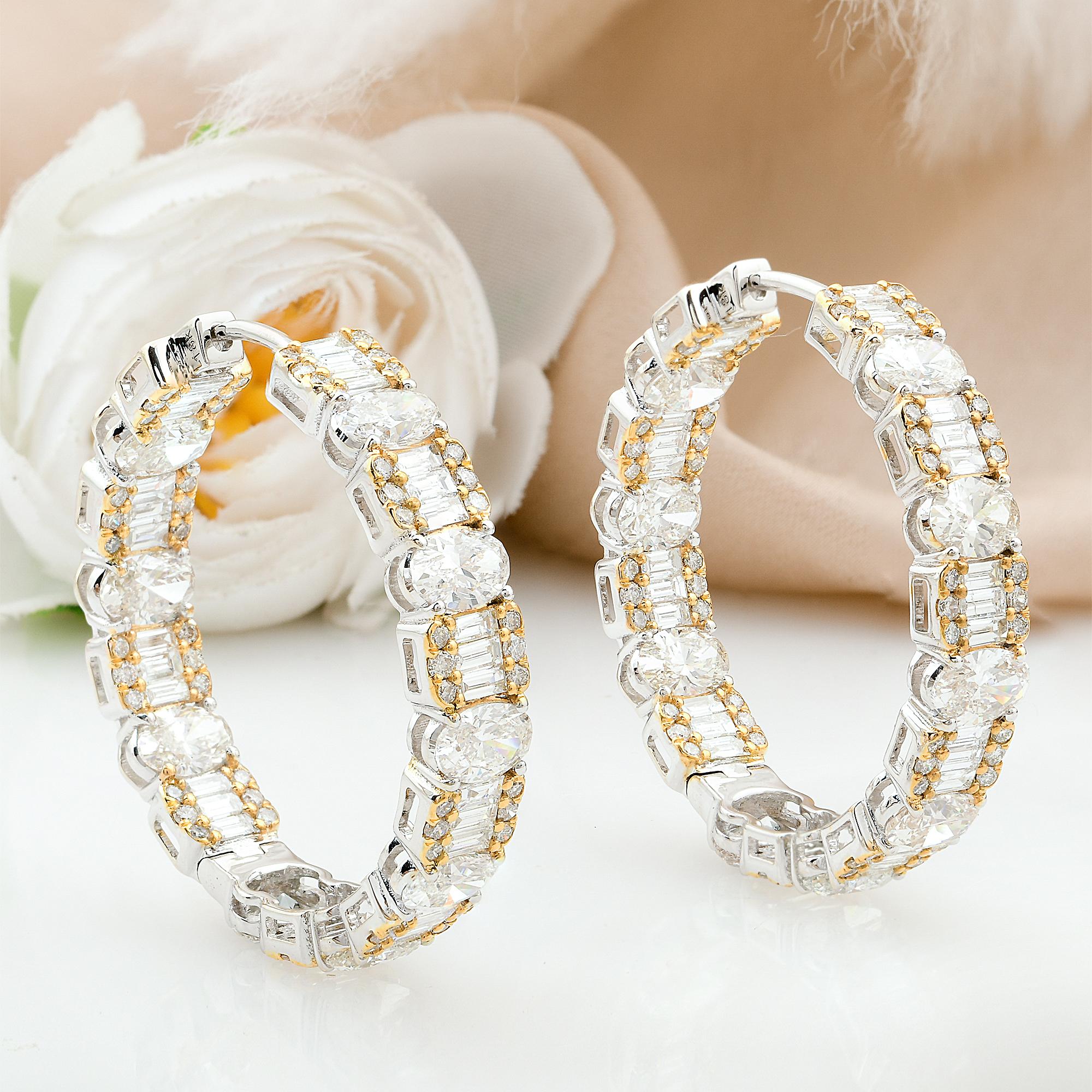 Modern Oval Baguette Diamond Hoop Earrings 18 Karat White Yellow Gold Two Tone Jewelry For Sale