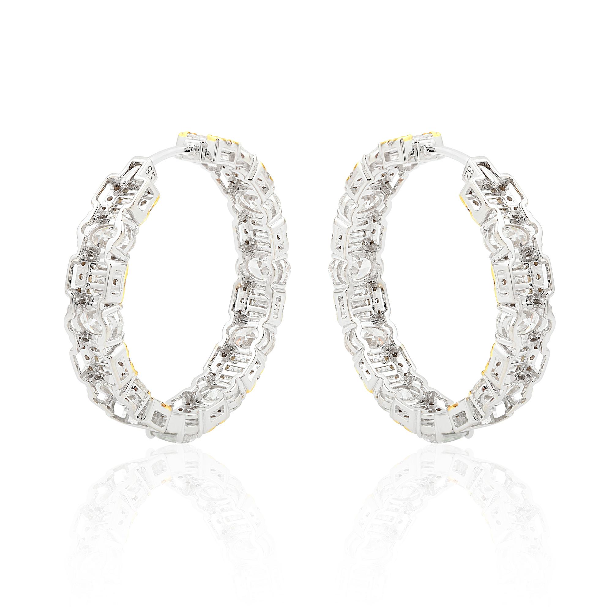 Women's Oval Baguette Diamond Hoop Earrings 18 Karat White Yellow Gold Two Tone Jewelry For Sale