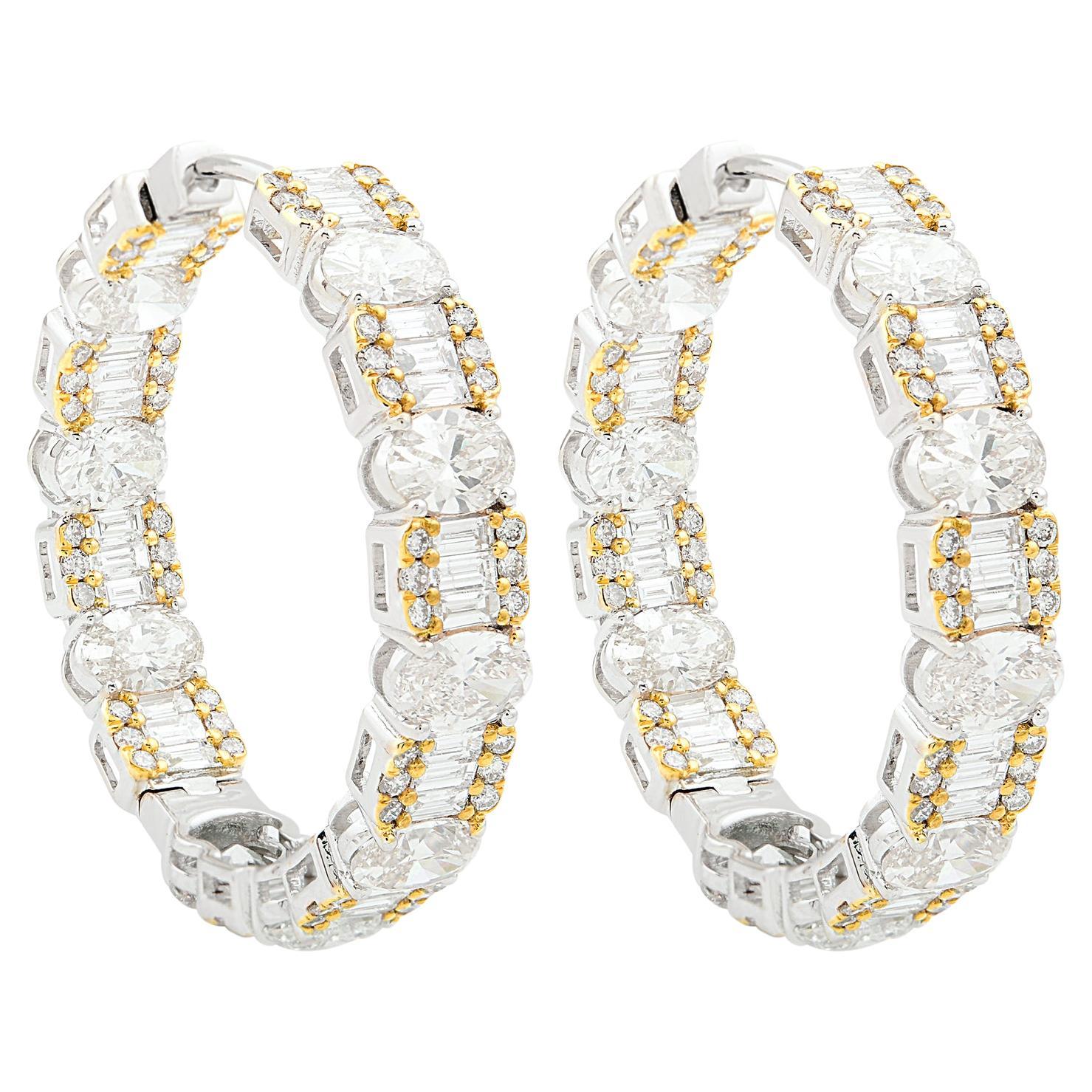 Oval Baguette Diamond Hoop Earrings 18 Karat White Yellow Gold Two Tone Jewelry For Sale