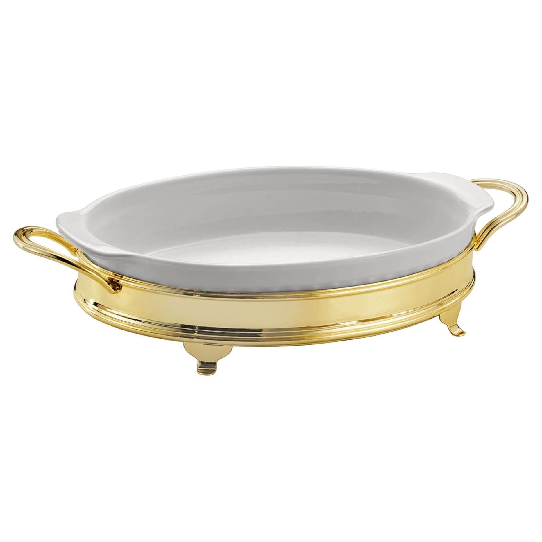 Oval Baking Dish with Two-Handle Golden Holder For Sale
