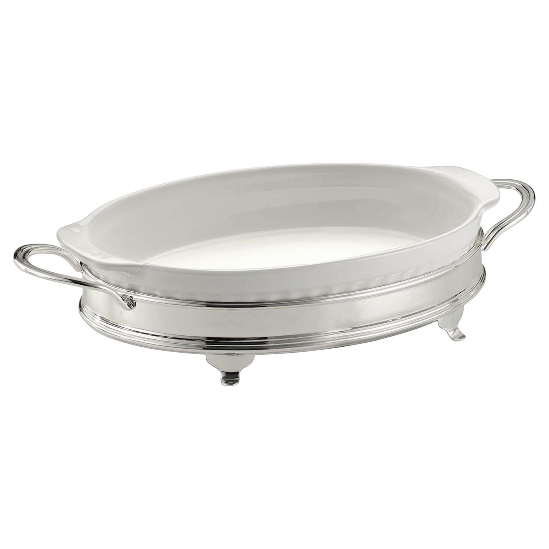 Oval Baking Dish with Two-Handle Silver Holder For Sale