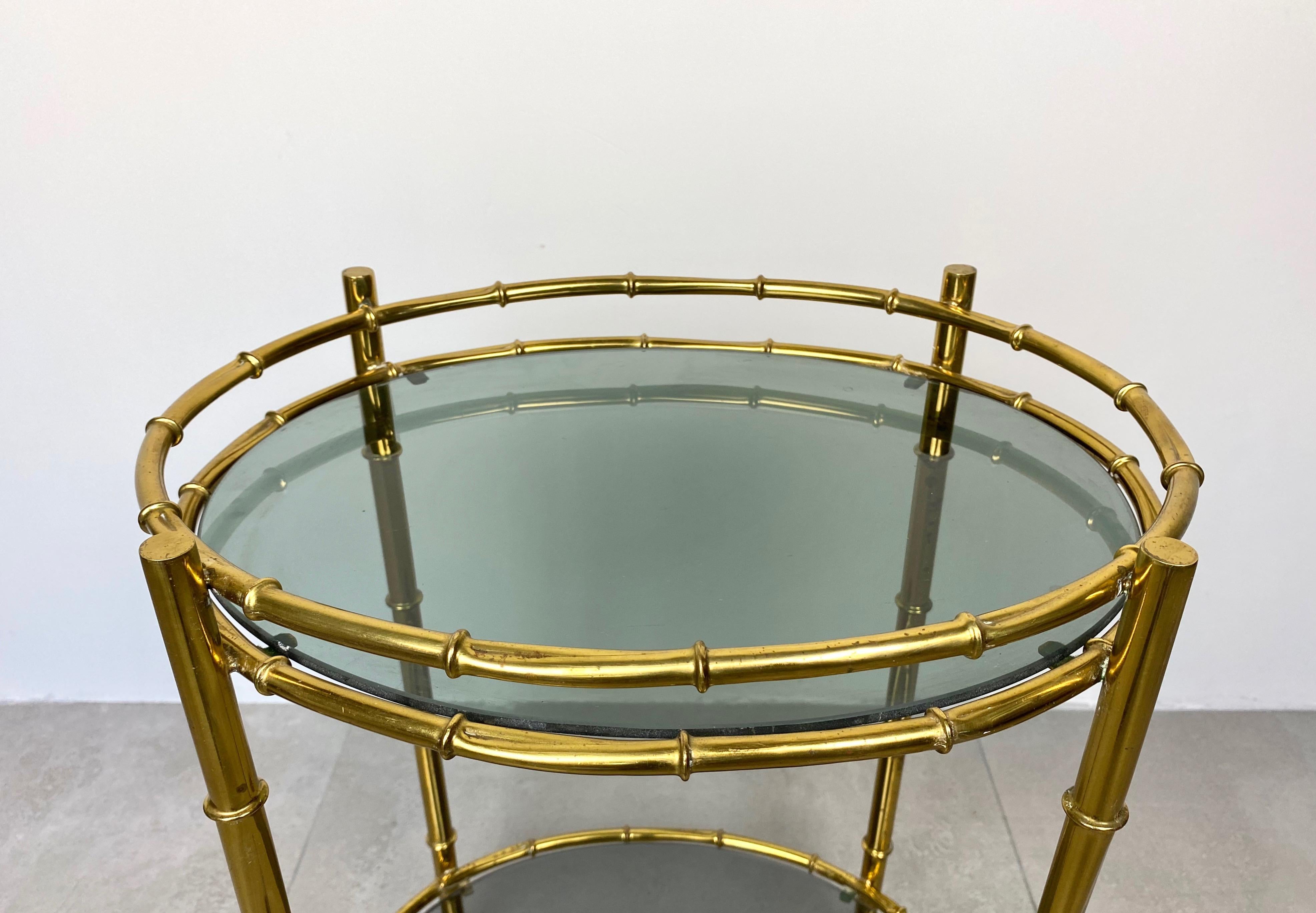 Metal Oval Bar Cart Faux Bamboo Brass and Smoked Glass, Italy, 1960s For Sale