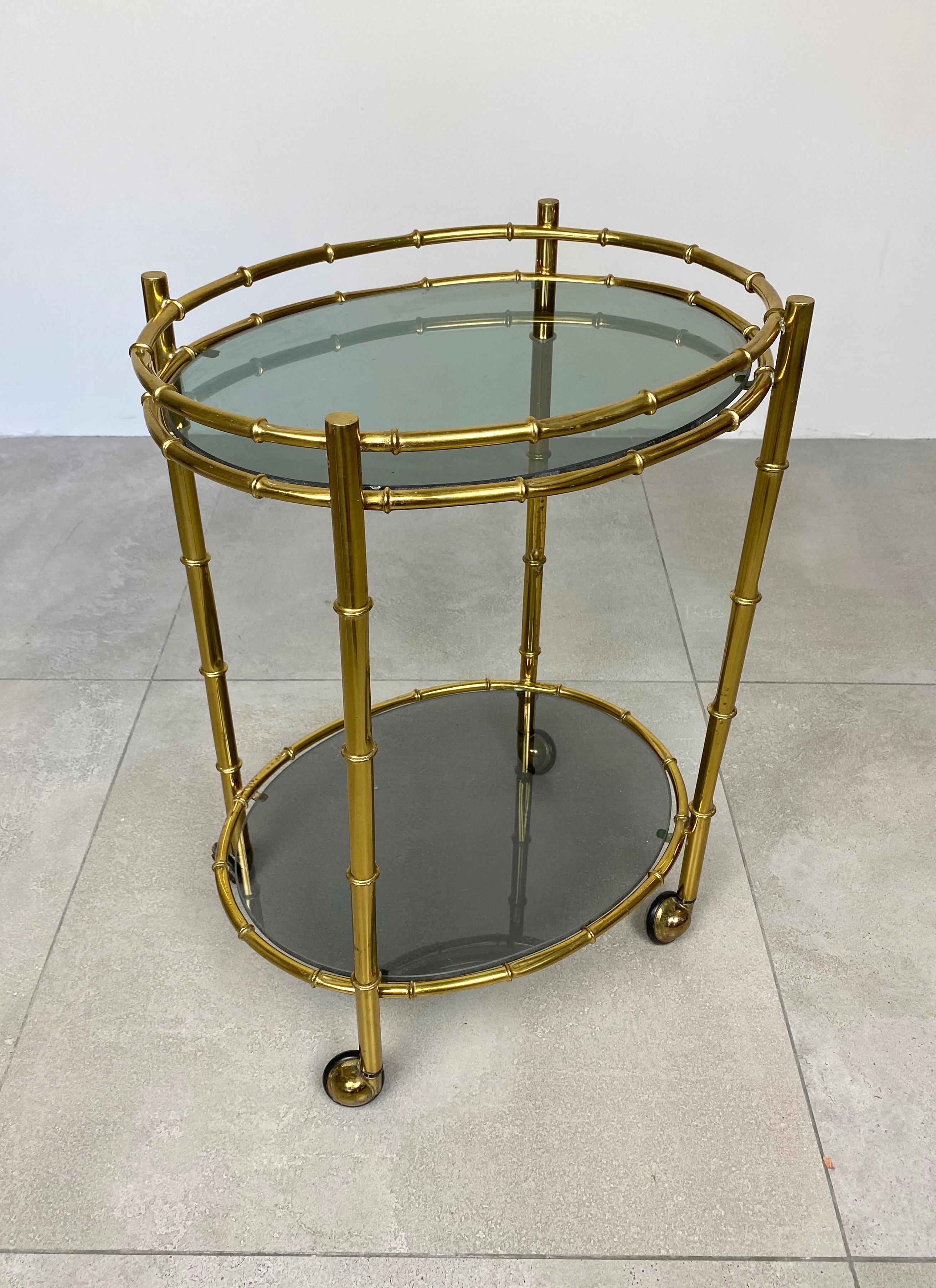 Italian Oval Bar Cart Faux Bamboo Brass and Smoked Glass, Italy, 1960s For Sale