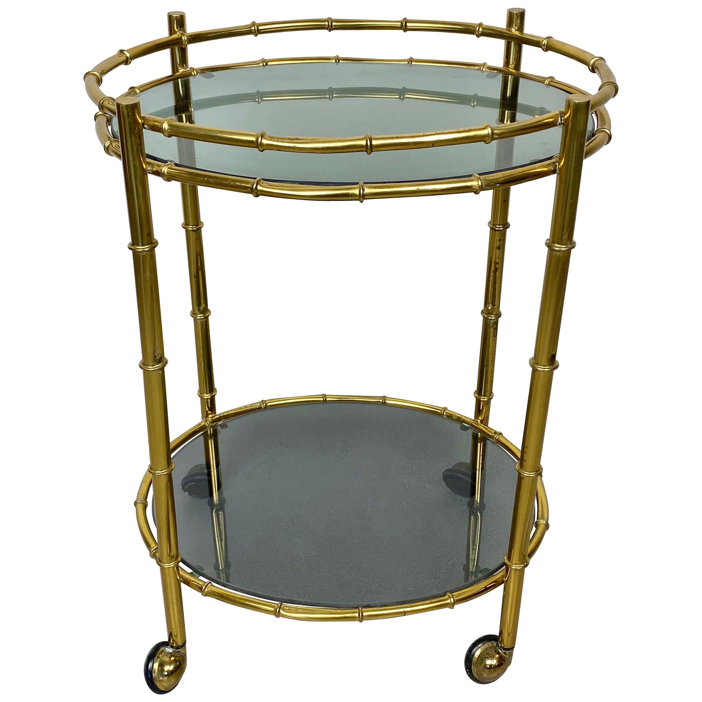 Oval Bar Cart Faux Bamboo Brass and Smoked Glass, Italy, 1960s
