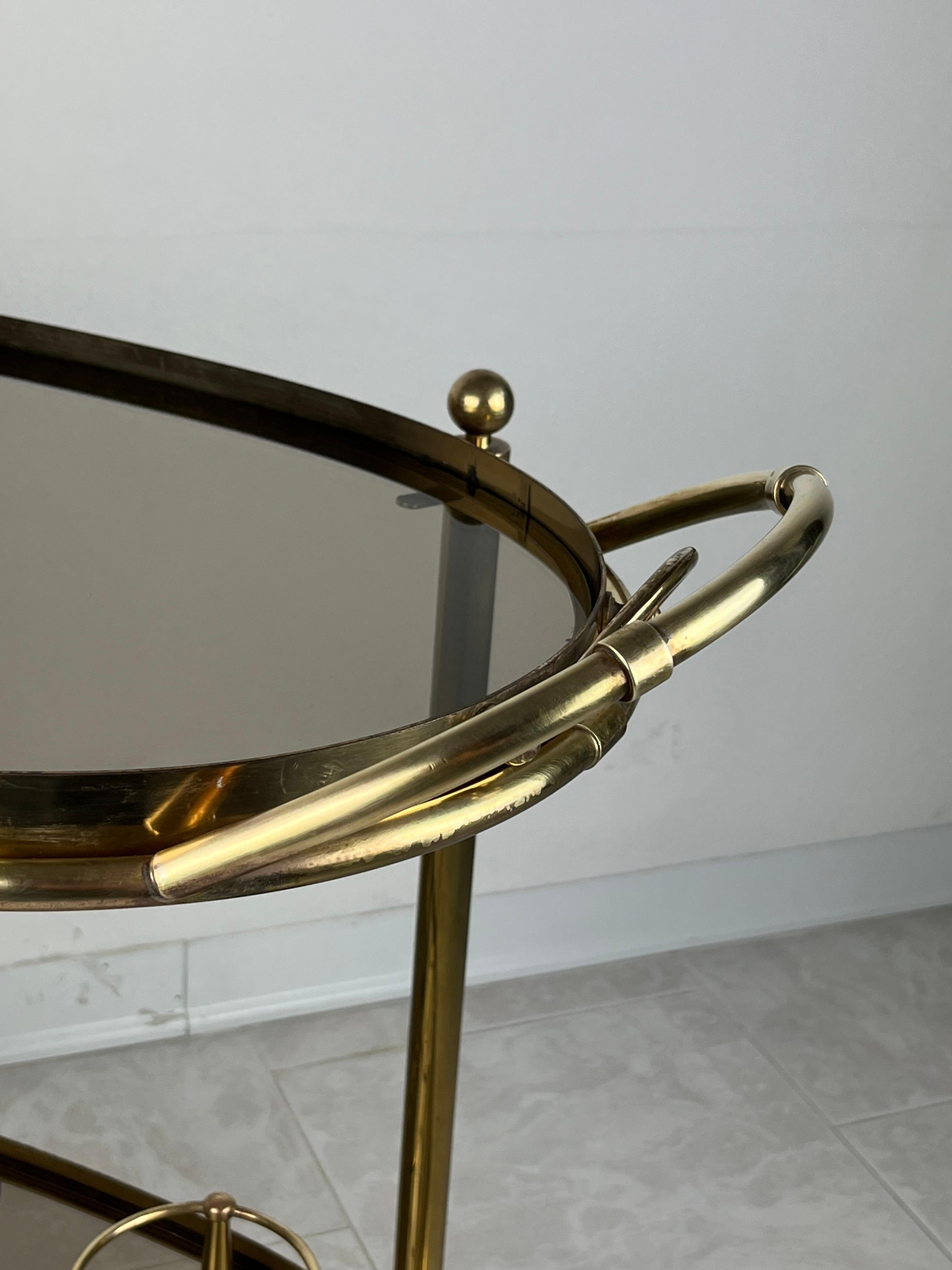 Mid-Century Brass Oval Bar Trolley  with Smoked Glass Italian Design 1960s For Sale 10