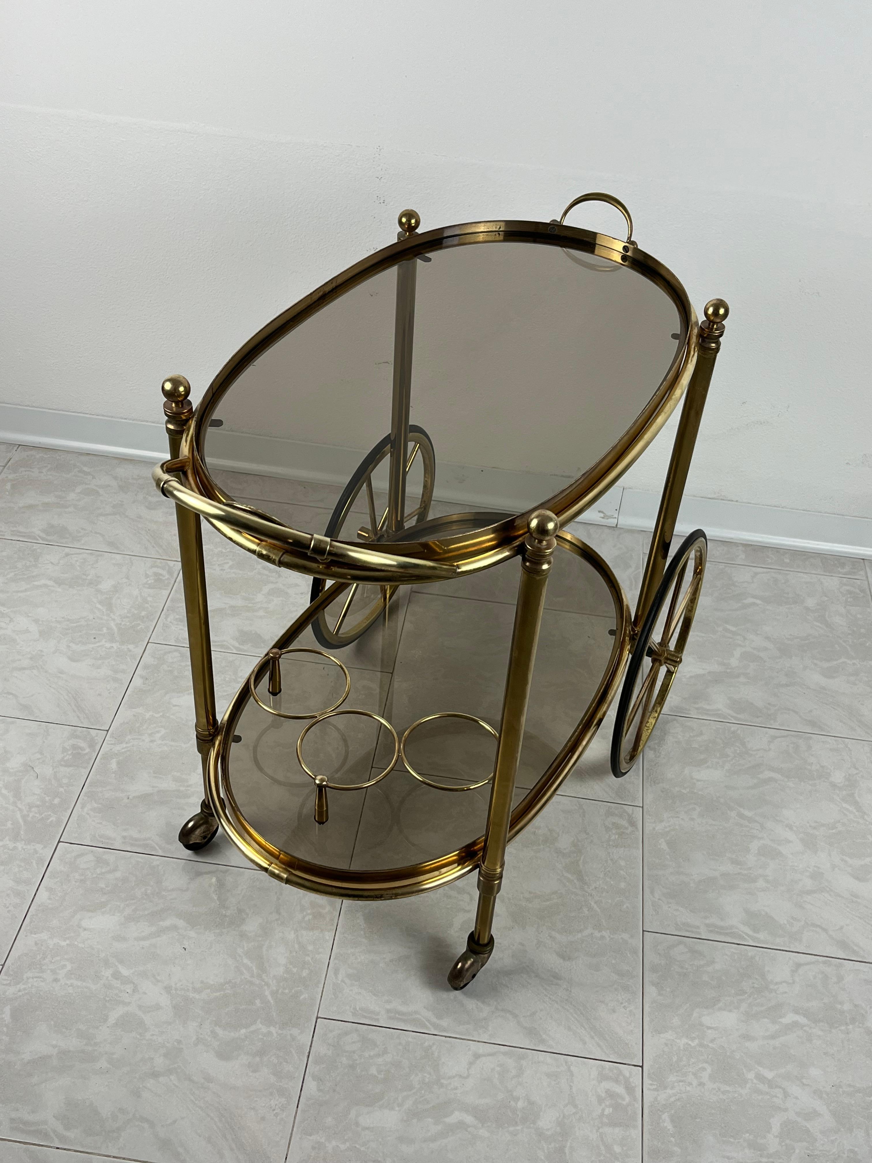 Mid-20th Century Mid-Century Brass Oval Bar Trolley  with Smoked Glass Italian Design 1960s For Sale