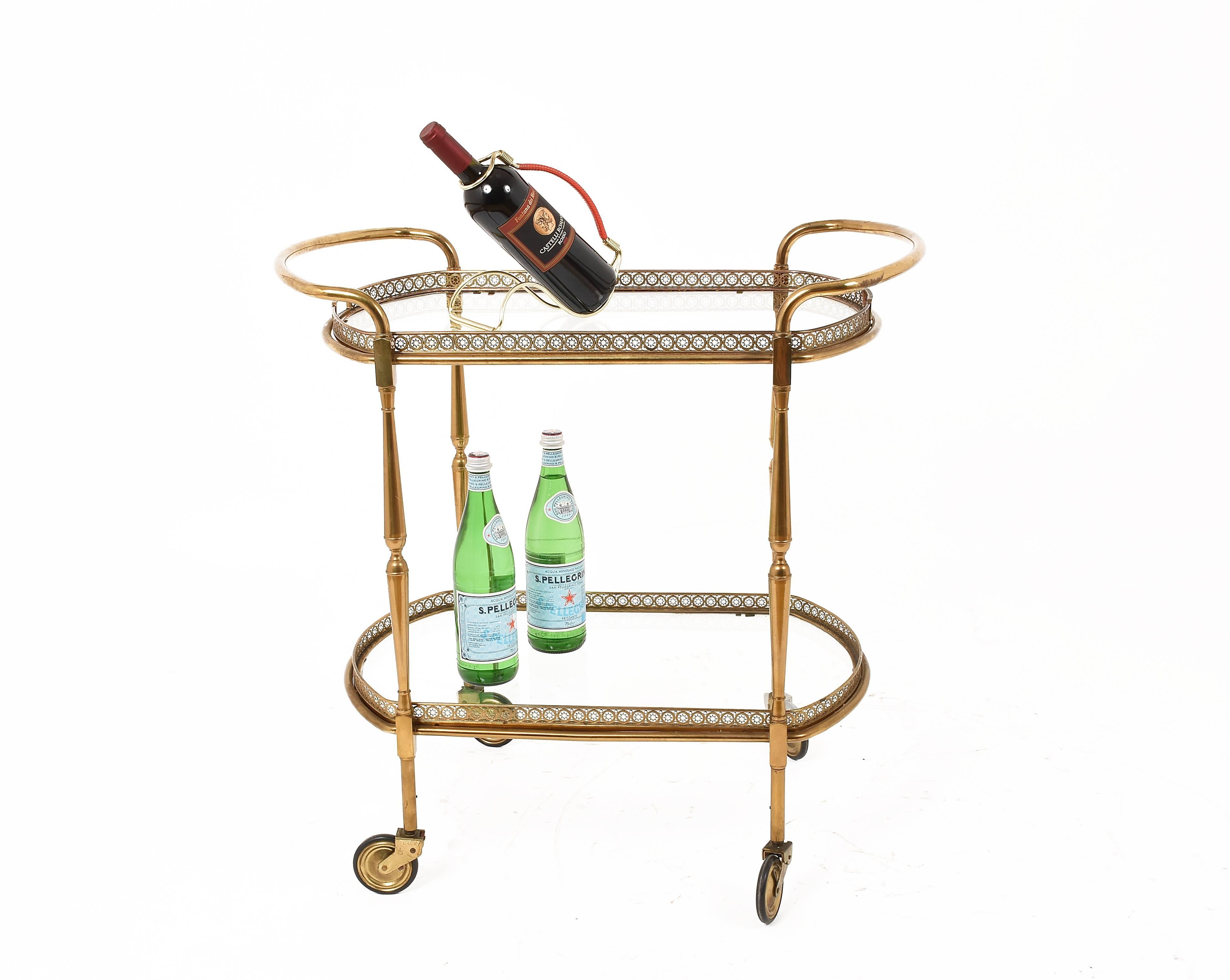 Superb Maison Baguès two-tier bar cart. Two trays are removable very high quality brass and bronze.
      