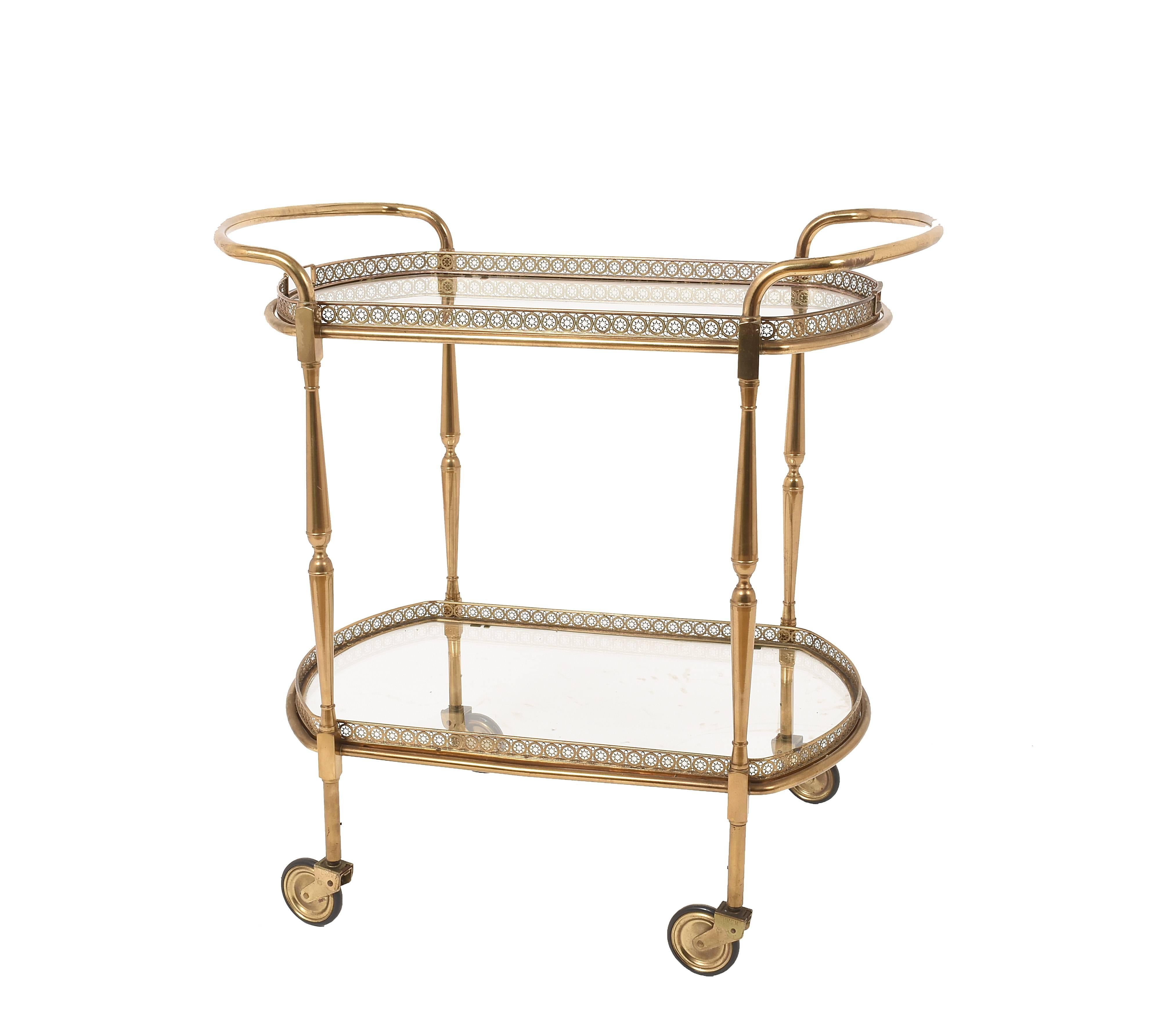 Mid-Century Modern Oval Bar Trolley, with Service Tray of Maison Baguès, Bar Cart, France, 1950s