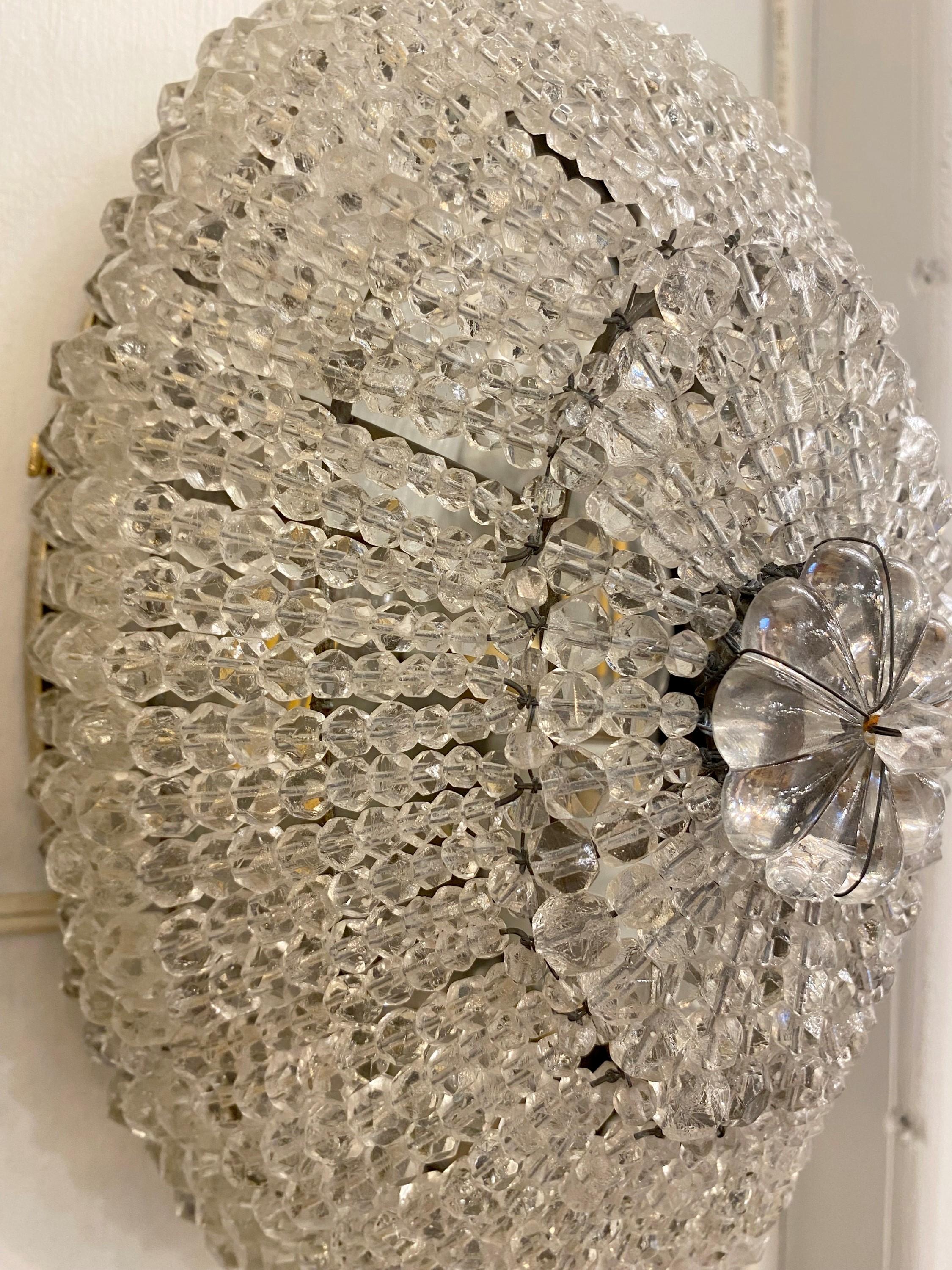 Oval Beaded Crystal Brass Wall Sconce or Ceiling Light In Good Condition In New York, NY