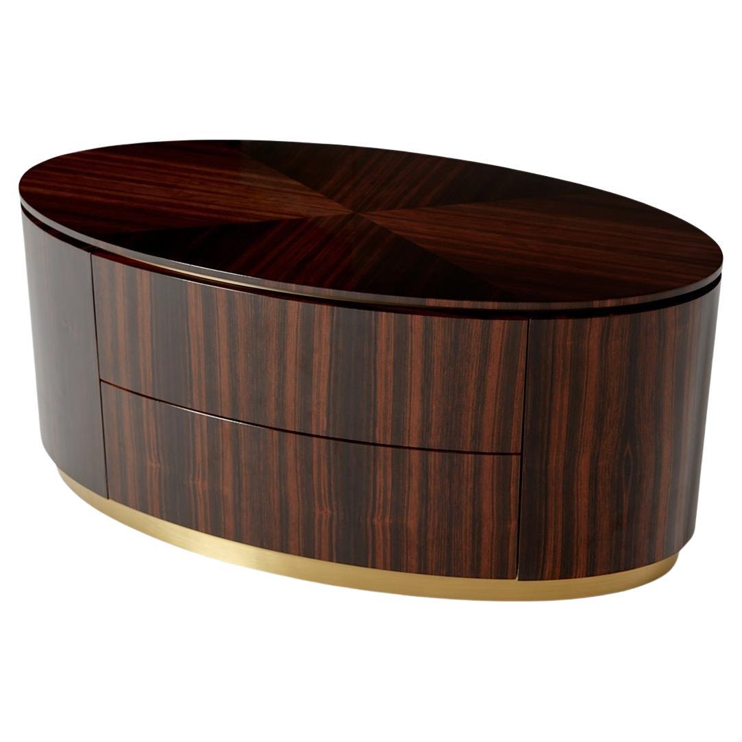 Oval Bed Side Table With Veneer Wood Top & Metal Footer