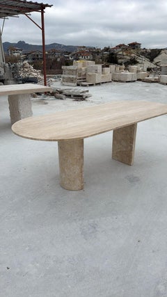 Oval Beige Handmade Travertine Stone Dining Table - Natural Marble Kitchen Table