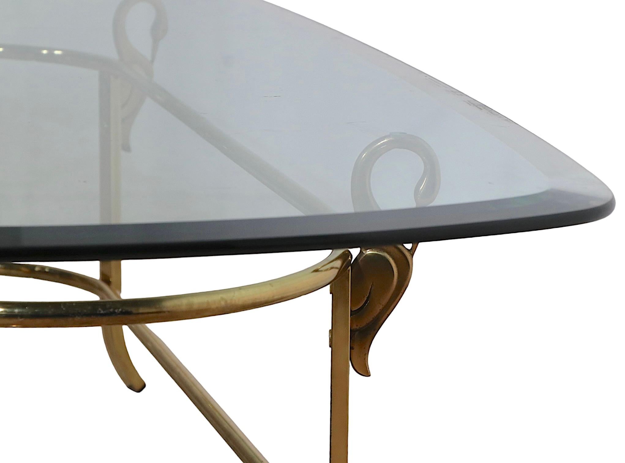 Oval Beveled Glass Top Coffee Table with Brass Swan Base Att. to La Barge 3
