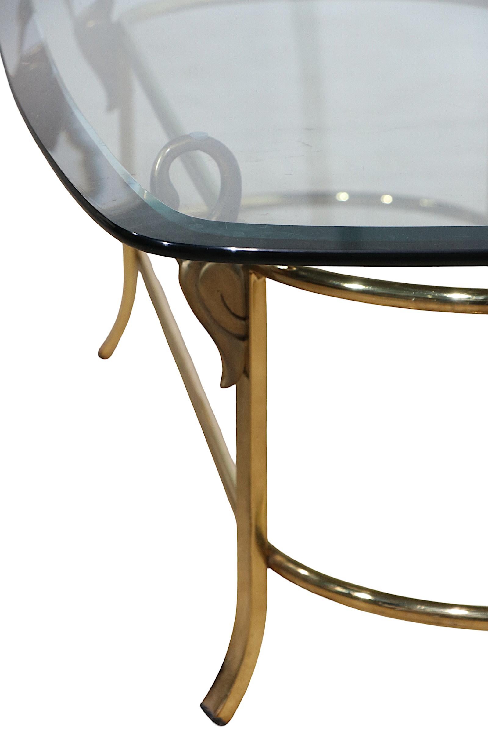 Oval Beveled Glass Top Coffee Table with Brass Swan Base Att. to La Barge 4