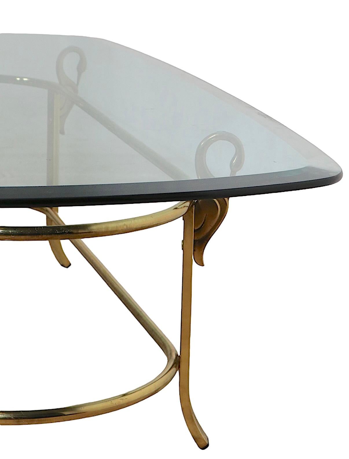 Oval Beveled Glass Top Coffee Table with Brass Swan Base Att. to La Barge 6