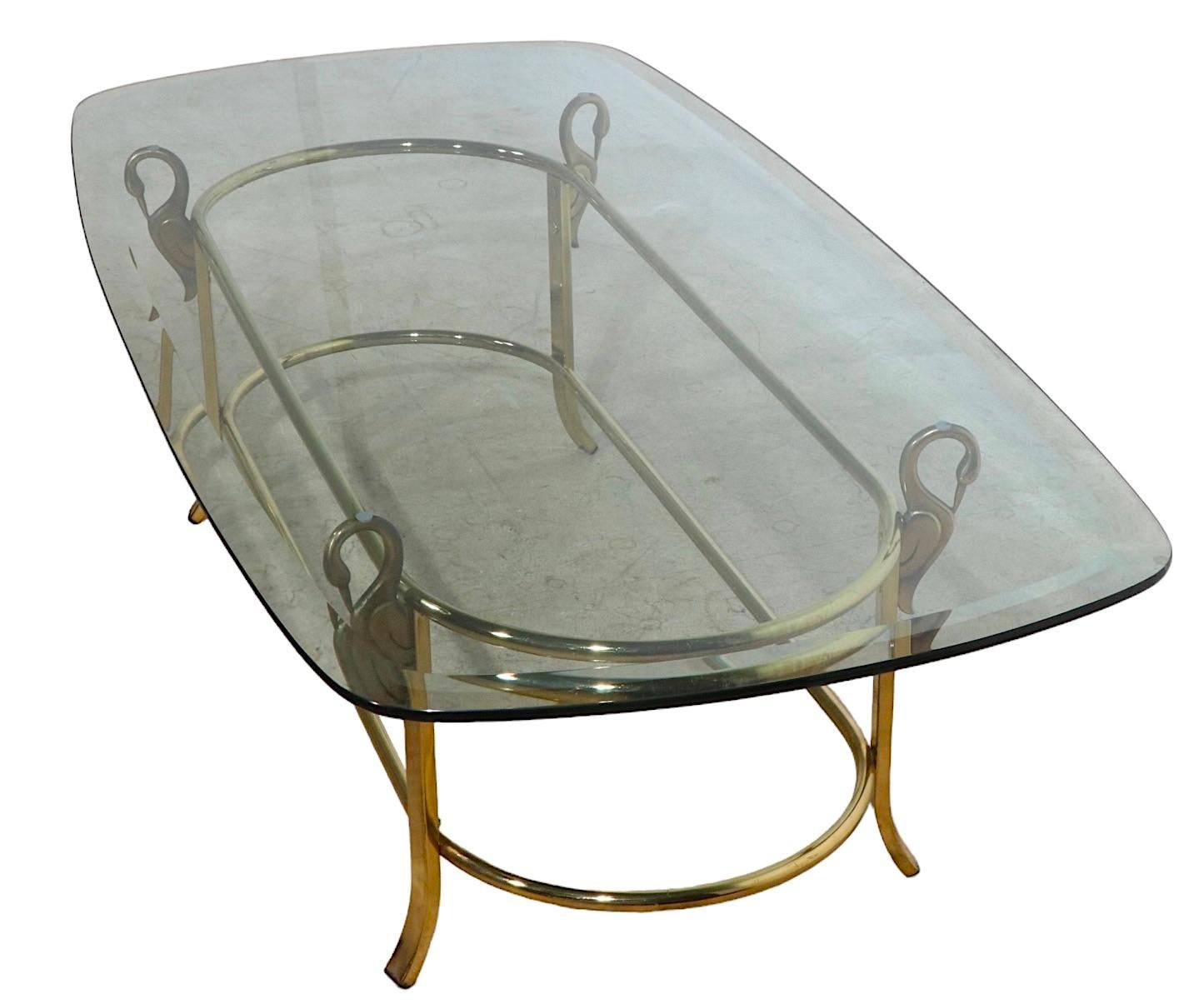 Oval Beveled Glass Top Coffee Table with Brass Swan Base Att. to La Barge 8