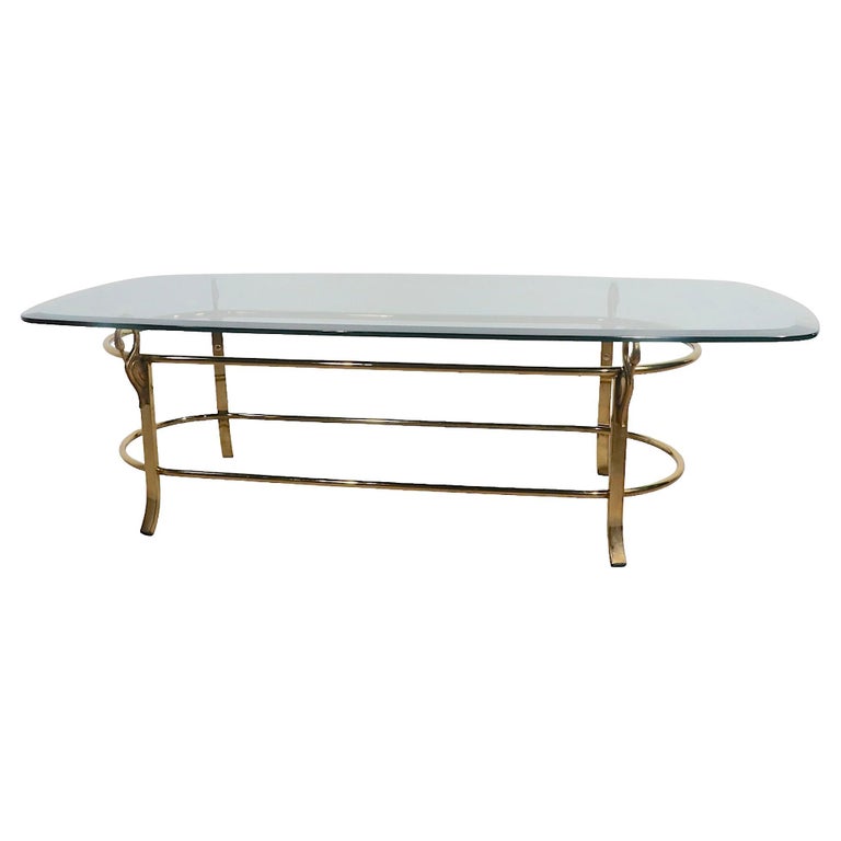 Oval Bevelled Glass Top Coffee Table with Brass Swan Base Att. to La