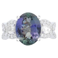 Oval Bicolor Tanzanite Pear Shape Rose Cut Diamond Cocktail Ring 14K White Gold