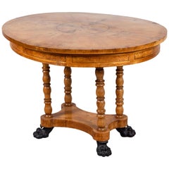 Antique Oval Biedermeier Style Table with Burl Wood Marquetry