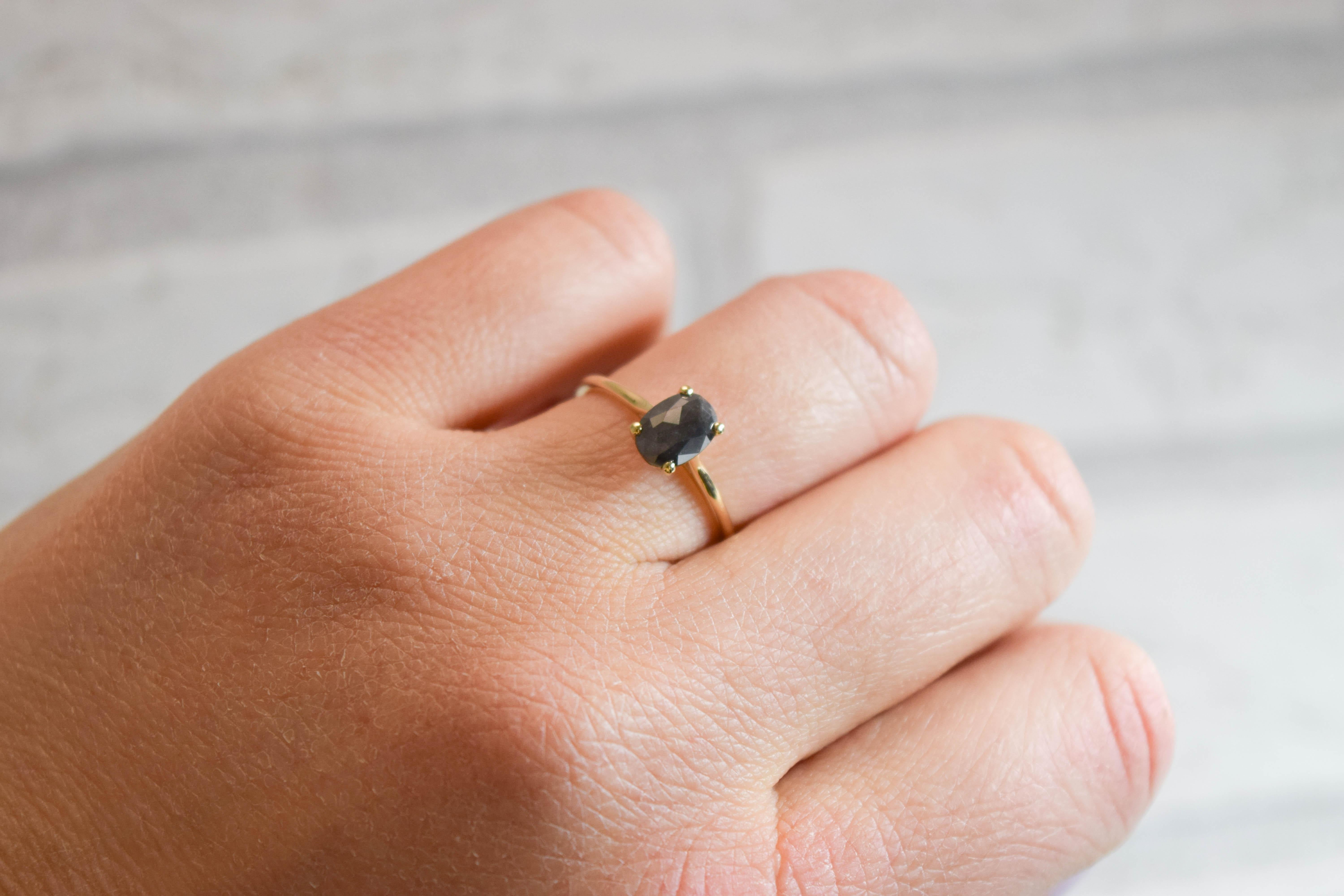 Oval black diamond ring 14KT yellow gold signet solitaire ring In New Condition For Sale In Boca Raton, FL