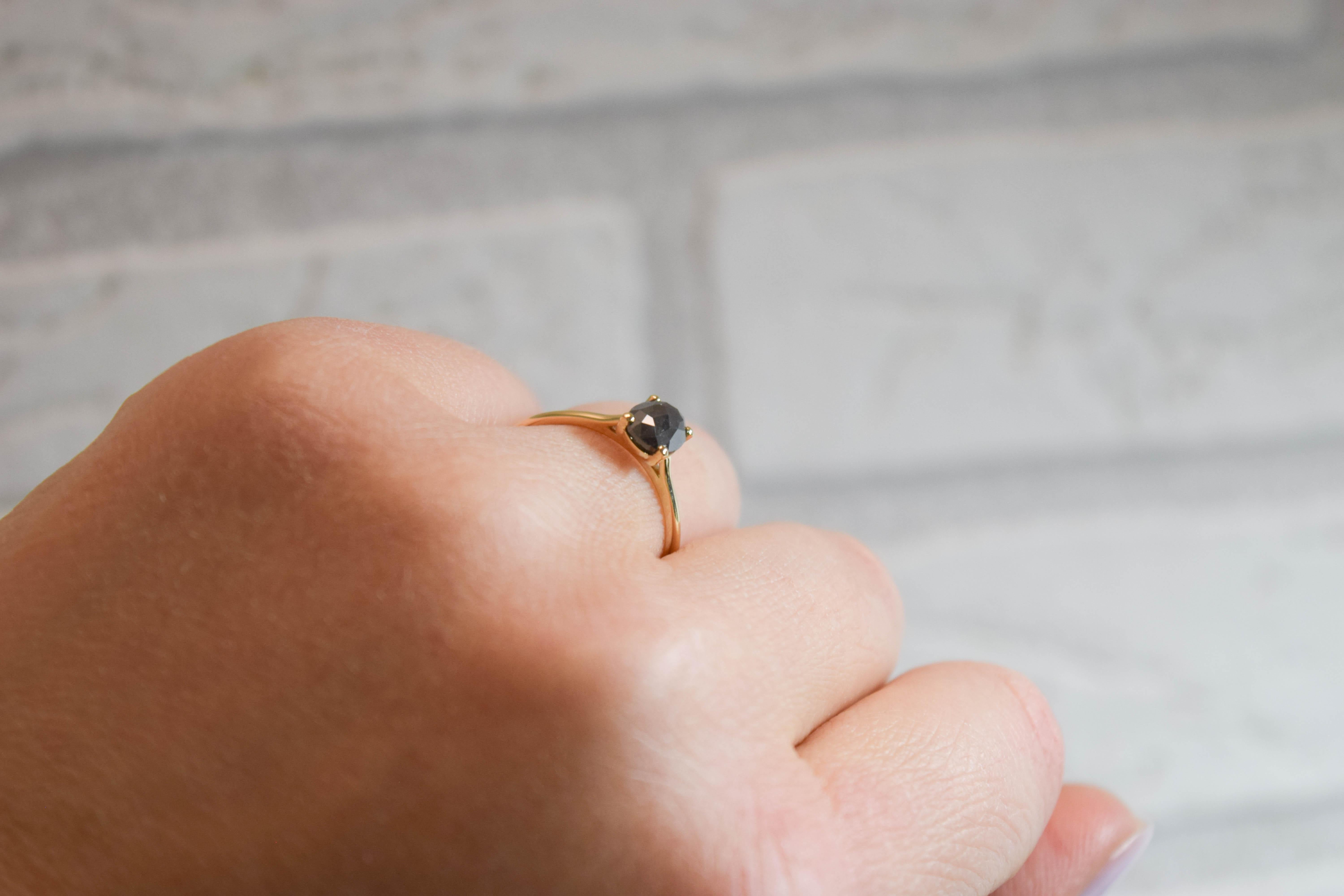 Women's or Men's Oval black diamond ring 14KT yellow gold signet solitaire ring For Sale