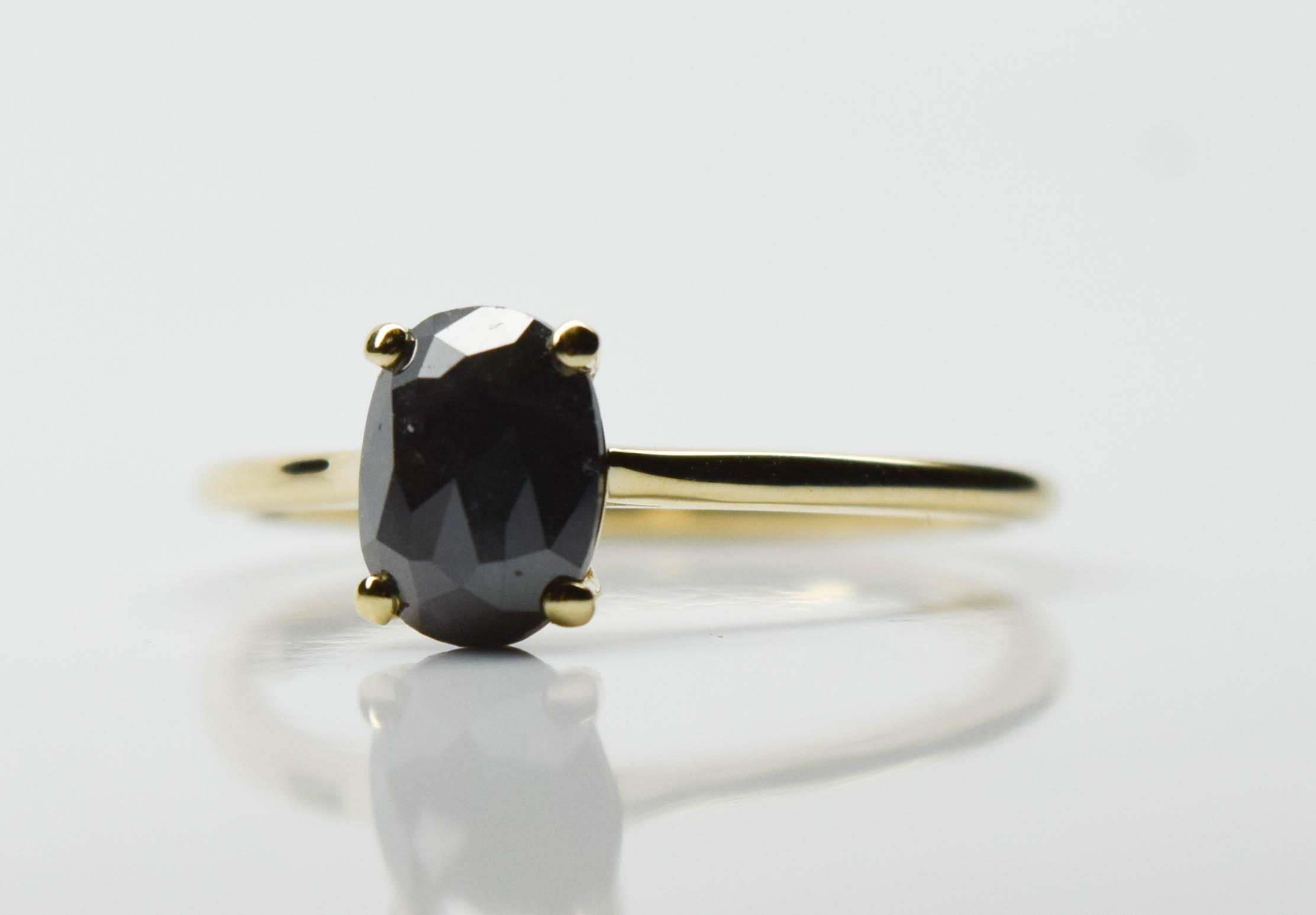 Oval black diamond ring 14KT yellow gold signet solitaire ring For Sale 2