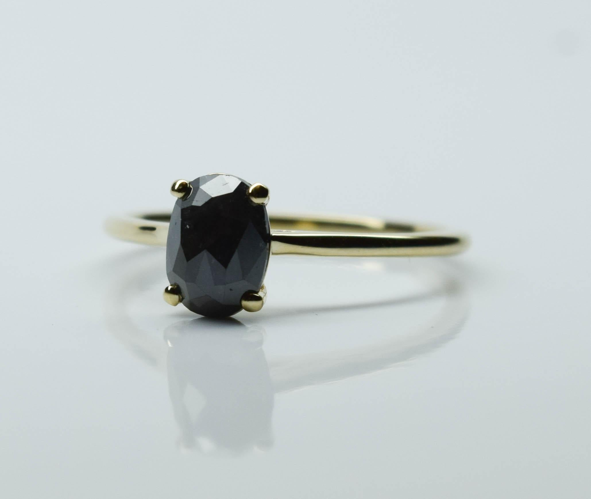 Oval black diamond ring 14KT yellow gold signet solitaire ring For Sale 4