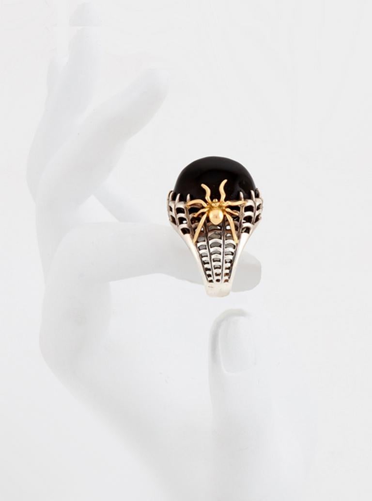 Contemporary Oval Black Jade with Silver and Gold SPIDER Ring by John Landrum Bryant For Sale