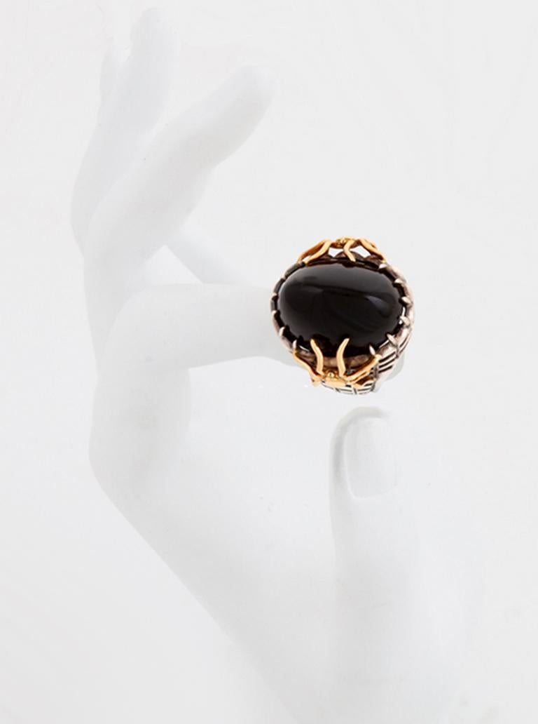 Oval Cut Oval Black Jade with Silver and Gold SPIDER Ring by John Landrum Bryant For Sale